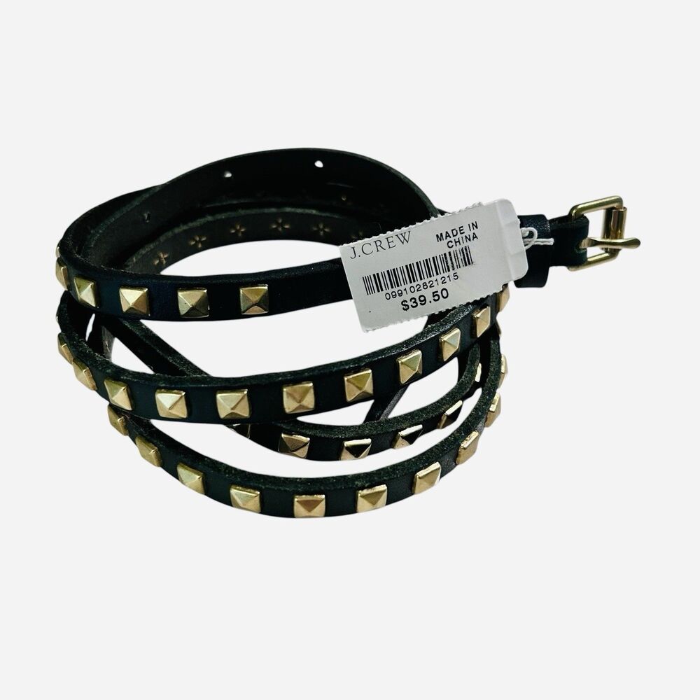 J. Crew Skinny Belt Green Leather Brass Studded Size Large Boho NWT